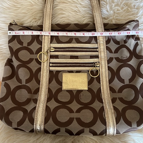 Coach Poppy Op Art Glam Tote Bag Shoulder Bag Tan Gold Beige - Picture 11 of 13
